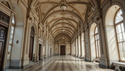 Elegant hall with arches and windows, sunlight streaming in