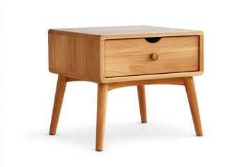 A realistic photo of a light wood square side table with open storage, isolated against a white background. 