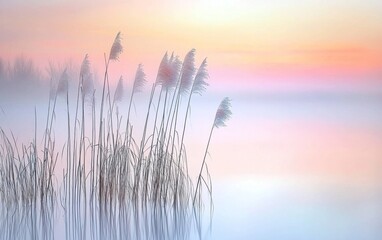 Misty reeds at dawn create a tranquil landscape by the water's edge in soft pastel hues