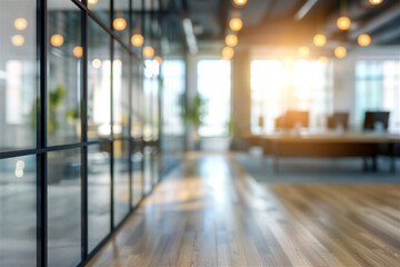 Blur background of modern office interior design. Workspace background for corporate office. Coworking space modern style. Blurred office. Presentation background