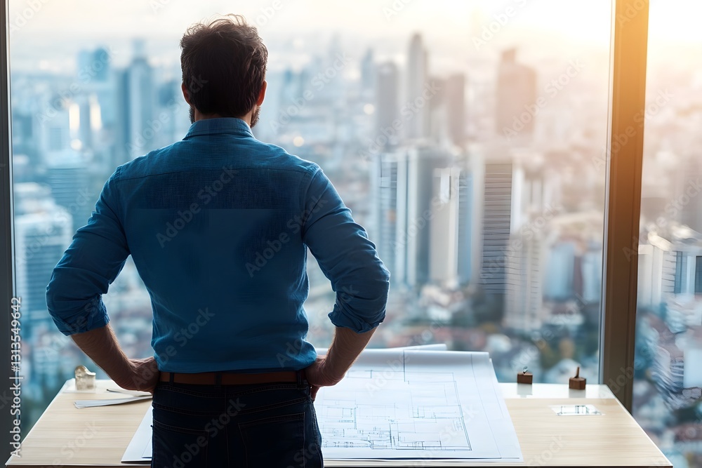 Poster architect analyzing blueprints at drafting table with panoramic city view through