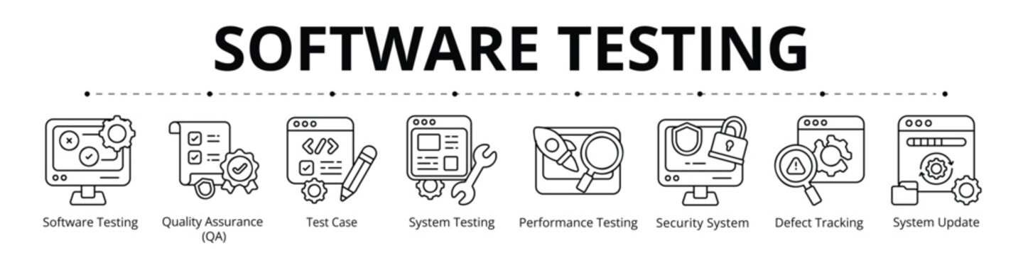 Software Testing Line Banner Web Icon Set Vector Illustration, Software Testing Quality Assurance Test Case System Testing Performance Security Defect Tracking Update