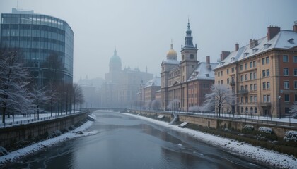 Obraz premium Serene Winter River Scene with Historic Buildings and Foggy Atmosphere