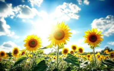 Bright sunflowers bloom in a vibrant field under a clear sky filled with fluffy clouds during the warm afternoon sunlight