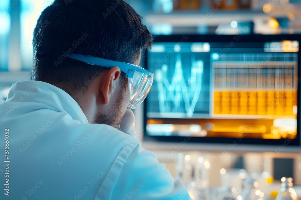 Poster scientist analyzing lab test results in high tech research workspace