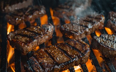 Juicy steaks grilling over an open flame at a summer barbecue gathering in the backyard