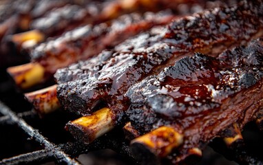 Juicy barbecue ribs grilling on a barbecue in a summer backyard gathering with friends and family