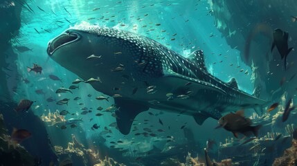 Fototapeta premium Majestic Underwater Scene with Whale Shark Surrounded by Colorful Fish in Crystal Clear Ocean Waters