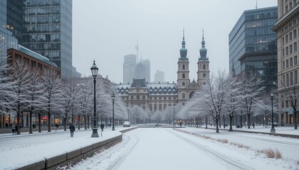 Obraz premium Snowy Urban Landscape with Historic Architecture and Modern Buildings