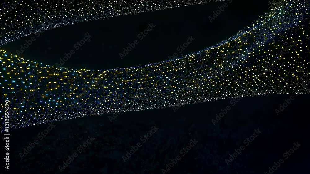 Poster a dynamic display of yellow and blue light streams flowing through a dark environment, creating an a