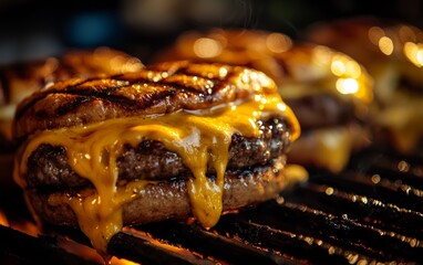 Juicy burgers melting with cheddar cheese sizzling on a hot grill in the warm afternoon sunlight