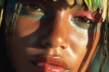 Obraz premium African woman with vibrant makeup. Shadows of tropical leaves.