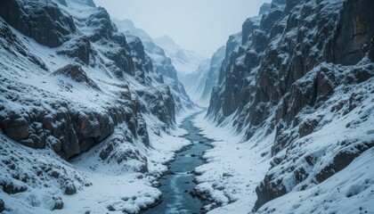 Obraz premium Serene Winter Landscape Featuring Snowy Mountains and Frozen River