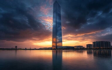 Dramatic skyline view of a tall skyscraper during sunset with vibrant clouds reflecting on water