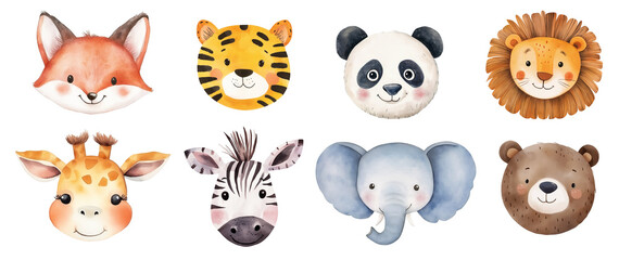 Watercolor cute animal faces isolated on white background.
