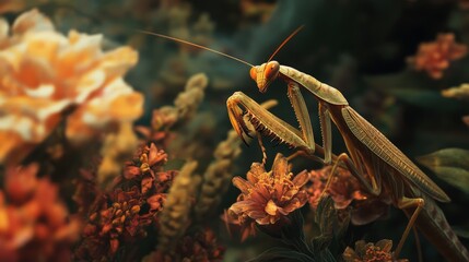 A Praying Mantis Is Resting on a Collection of Plants