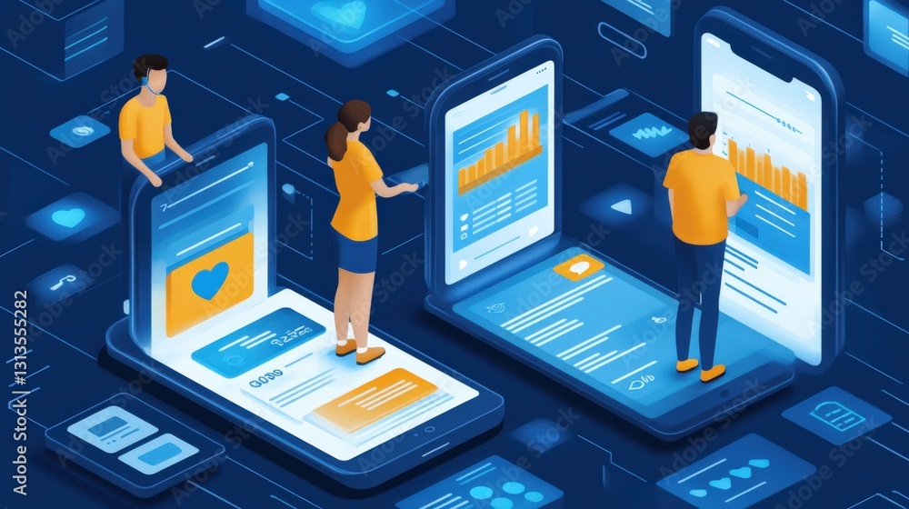 Poster people interacting with smartphones displaying data analytics in a digital environment