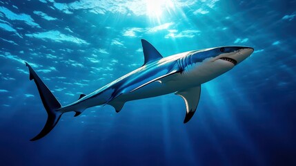 Fototapeta premium Majestic Shark Swimming Gracefully Through Clear Blue Ocean Waters Under Sunlight Rays