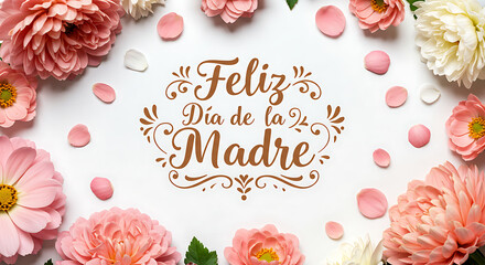 Feliz Dia de la Madre means Happy Mother's Day in Spanish. Pink peony flowers, leaves and sweet. Monochrome pink floral arrangement. Desaturated flat lay, top view on pink paper.