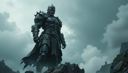 Fototapeta premium Mighty Warrior in Dark Armor Towering Over Dramatic Landscape