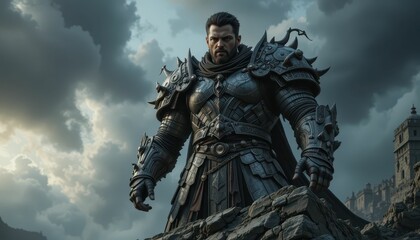 Fototapeta premium Fierce Warrior Stands in Dark Armor Against Stormy Sky Background