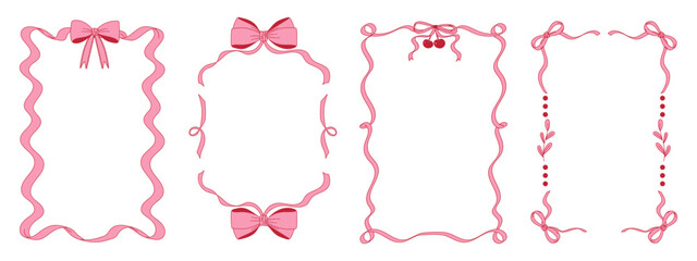Pink bow ribbon frame set. Hand drawn trendy ribbons borders. Modern coquette style.