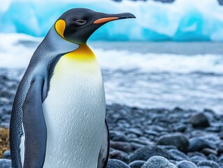 Fototapeta premium A penguin standing on a rocky shore. The backdrop is a stunning iceberg and ocean view.