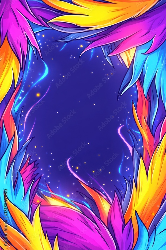 Poster abstract colorful feather shapes bordering a dark blue background with sparkles and luminous glowing