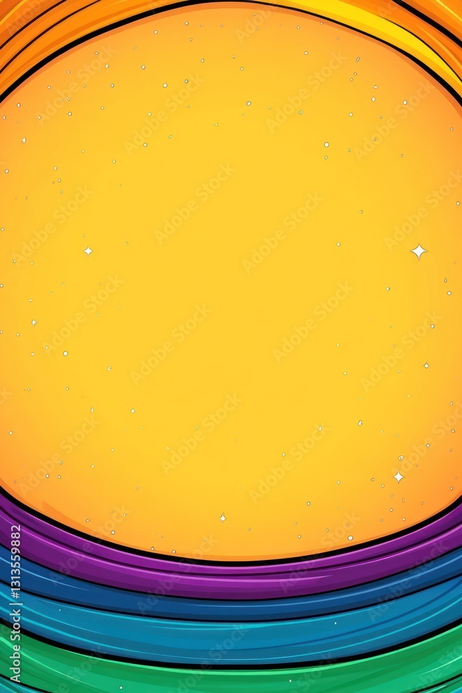 Poster abstract colorful rainbow striped curve frame with yellow background and starry effect details