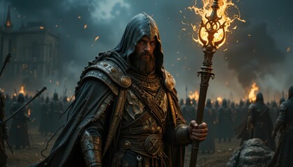 Obraz premium Mysterious Warrior Holding Flame Staff in Dark Fantasy Landscape