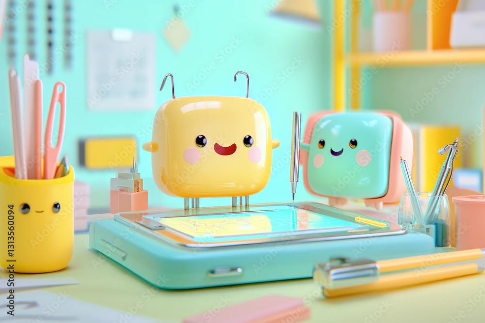 Poster two cute, box-shaped characters collaborate on a drawing using a digital tablet.