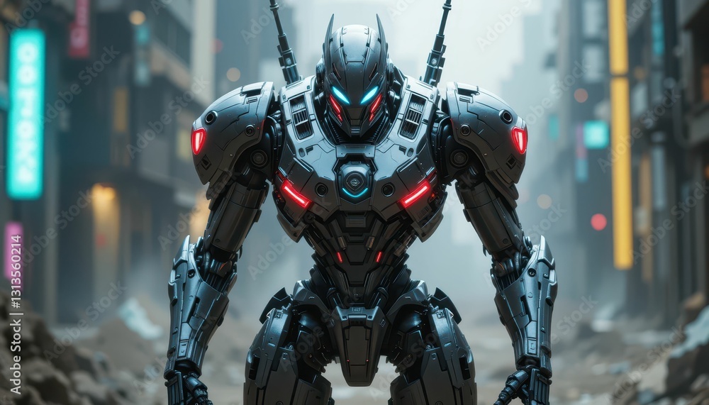 Poster advanced robot in futuristic cityscape with neon lights and fog