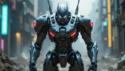 Fototapeta premium Advanced Robot in Futuristic Cityscape with Neon Lights and Fog