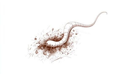 Fototapeta premium Detailed illustration of an earthworm emerging from soil, showcasing its segmented body and texture.