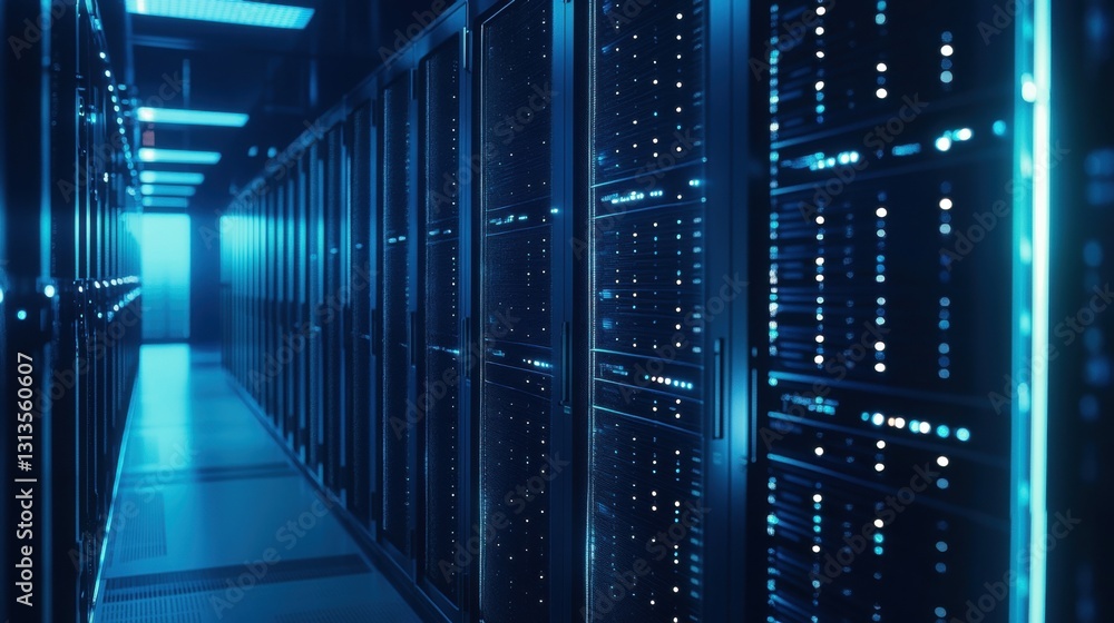 Poster futuristic data center with server racks and cool blue lighting in a high-tech environment for digit