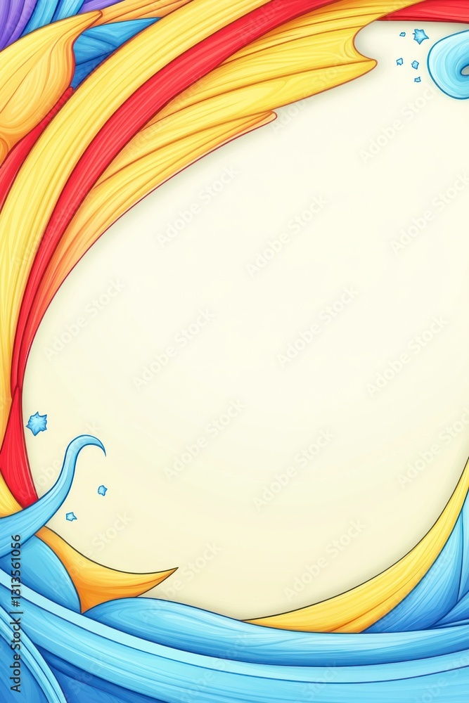 Poster abstract flowing fabric creates a colorful border around a cream colored background with bubbles