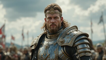 Obraz premium Majestic Knight in Silver Armor Stands Proud on Battlefield