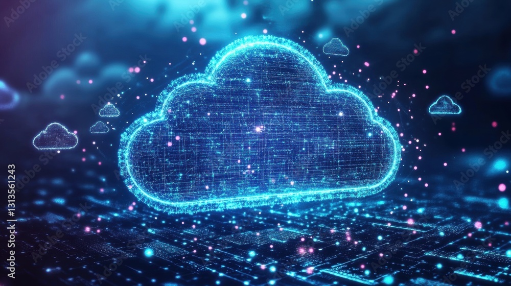 Poster futuristic cloud computing concept with glowing particles and digital connections, featuring a vibra