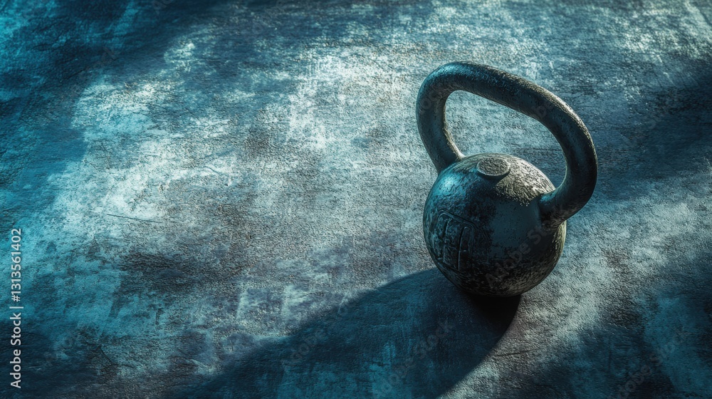 Poster kettlebell on gym floor with soft light highlighting texture suitable for fitness activity or promot