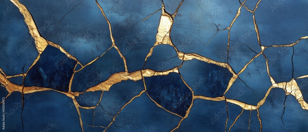 Aufkleber beautiful abstract art featuring deep blue background with elegant gold leaf cracks creating a luxur