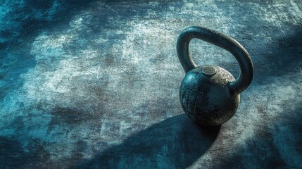 Fototapeta premium Kettlebell on gym floor with soft light highlighting texture suitable for fitness activity or promotional text placement Generative AI