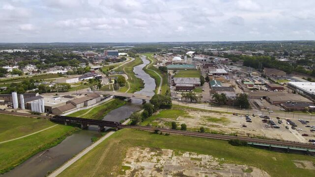 Aerial view of east-side of Dayton Ohio, USA, along the Mad River