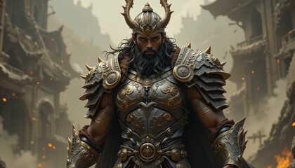 Majestic Warrior in Ornate Armor with Mysterious Background