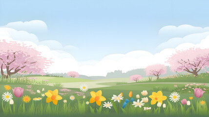 A peaceful spring landscape with rolling hills and a blue sky with white clouds. A picture of colorful wildflowers such as tulips, daisies, and daffodils in the meadow.
