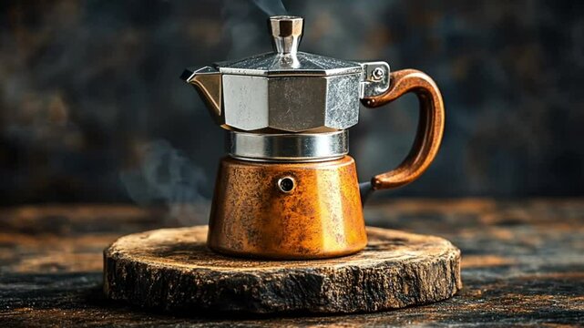 Vintage espresso maker on wooden stand, steam rising, dark background. Possible use Cooking, food photography