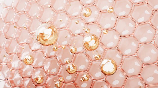 3D illustration of collagen and oil molecules interacting with a hexagonal skin structure, symbolizing hydration, nourishment, and deep skincare absorption for beauty and wellness.

