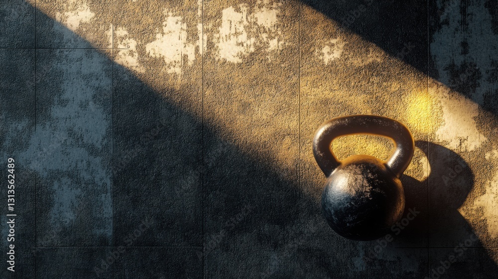 Poster Kettlebell on gym floor with soft light and textures inviting fitness enthusiasts for a workout session Generative AI