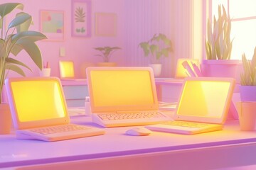 Fototapeta premium Pastel-colored workspace with three laptops, plants, and warm lighting creates a calm and productive atmosphere.