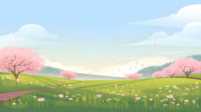A peaceful spring landscape with rolling hills and a blue sky with white clouds. A picture of colorful wildflowers such as tulips, daisies, and daffodils in the meadow.