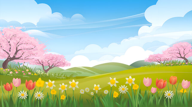 A peaceful spring landscape with rolling hills and a blue sky with white clouds. A picture of colorful wildflowers such as tulips, daisies, and daffodils in the meadow.